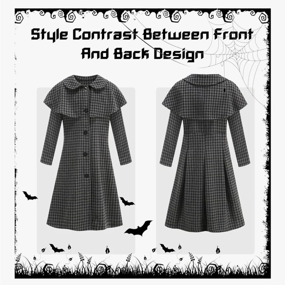 NWT Wednesday Adams Inspired Plaid Long Coat for Kids Cosplay Halloween